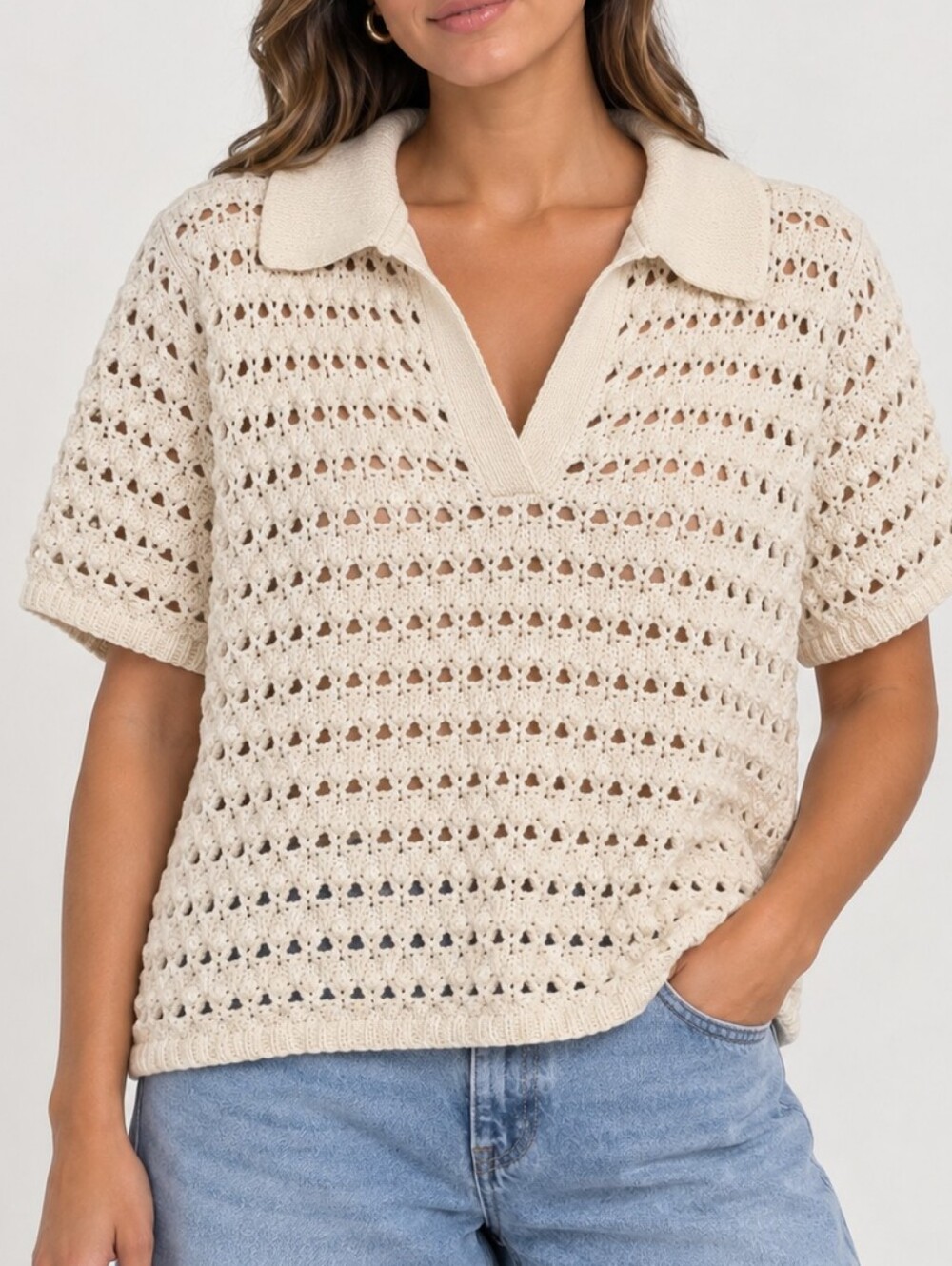 Open-Knit Polo Sweater Top in Cream - Size X LARGE